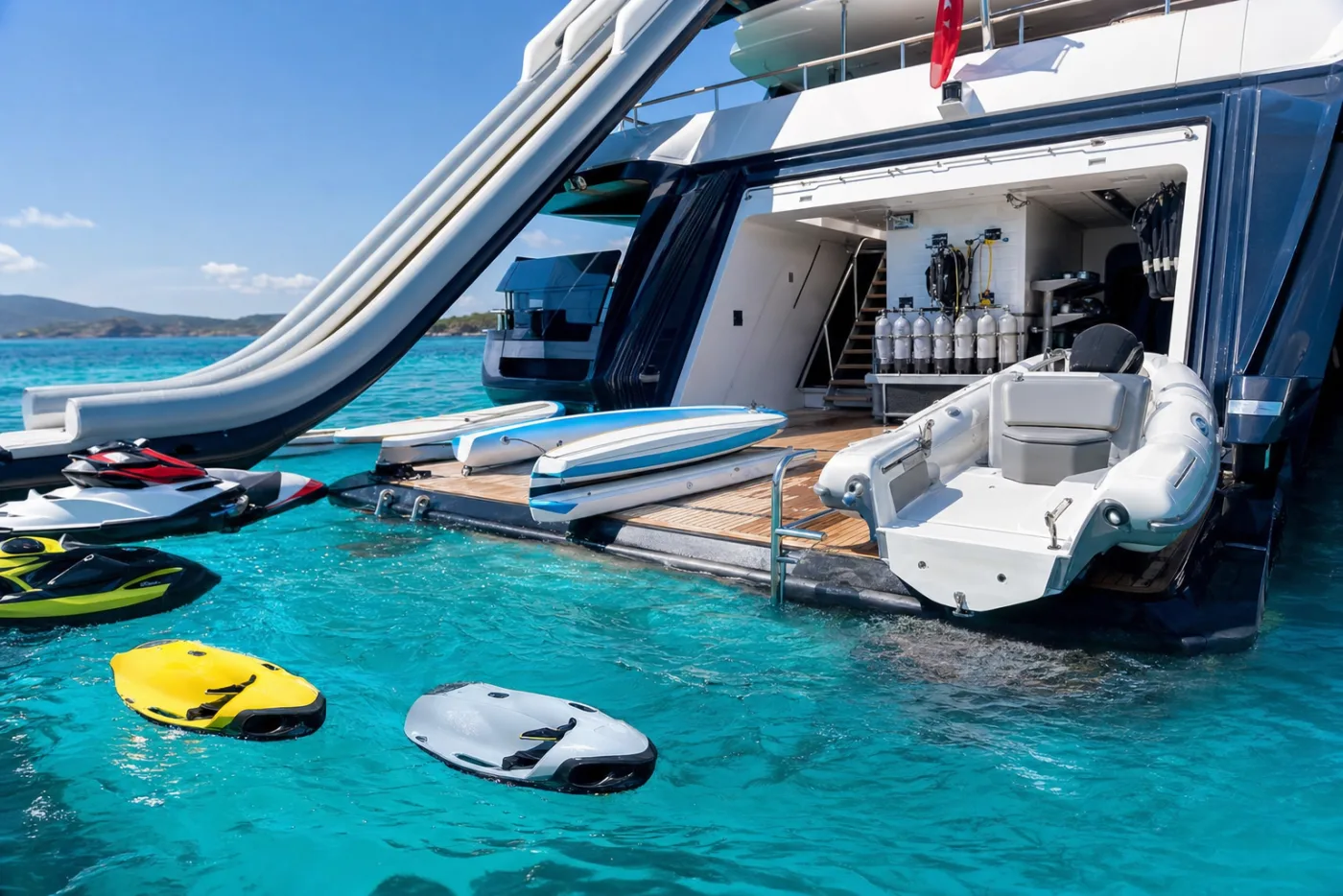 Toys and a tender on the swim platform of a yacht at anchor